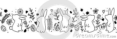 vector drawing. easter print, banner. doodle style seamless border with cute easter bunnies, hares, eggs and abstract flowers Stock Photo